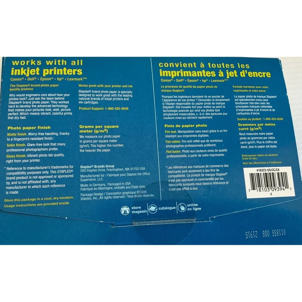 Staples Photo‎ Plus Gloss Paper 4x6 Inkjet 60 Sheets 270gsm 648177 Blue Box